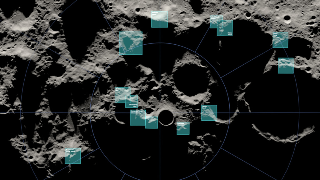In this visualization rendered using Lunar Reconnaissance Orbiter data, the view moves from a full disk image of a waning gibbous Moon to a close view of the South Pole, eventually revealing 13 candidate landing regions for the Artemis III mission.