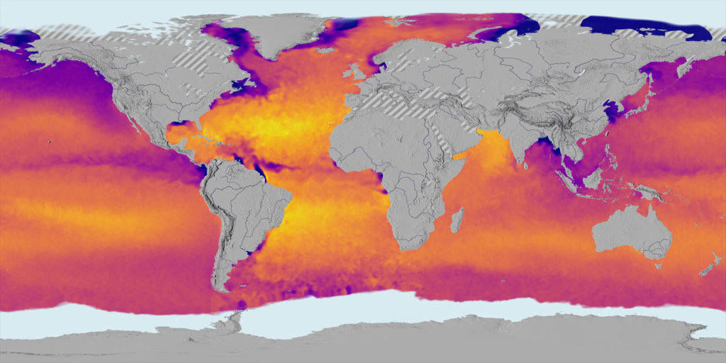 This data visualization shows sea surface salinity (i.e., ocean salt concentration) over a ten year period (2011 to 2021). Warm colors (orange to yellow) are areas of high salinity/hot tropics. Cooler colors (blue to violet) are fresher waters, many of which can be seen coming from rainy/river/wetter tropics.