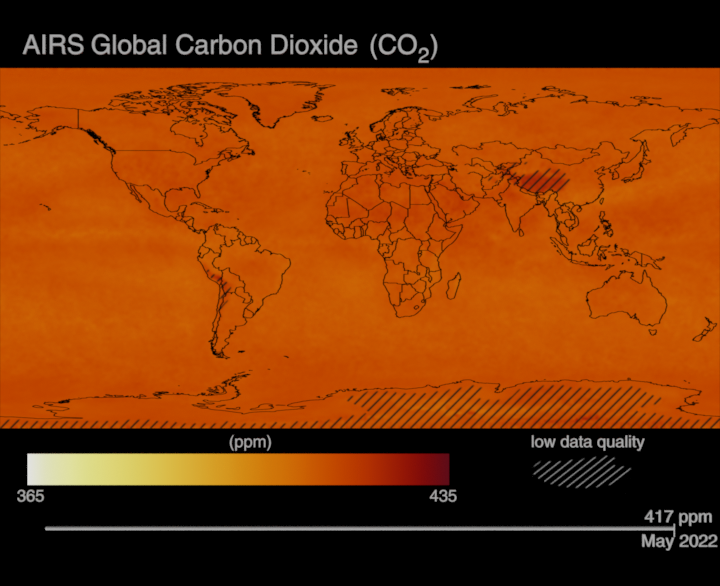 Data visualization of global carbon dioxide (CO₂) for the period September 2002-May 2022, showcasing data products from NASA's Aqua mission. Data visualization assets are designed for 720x586 resolution for climate.nasa.gov