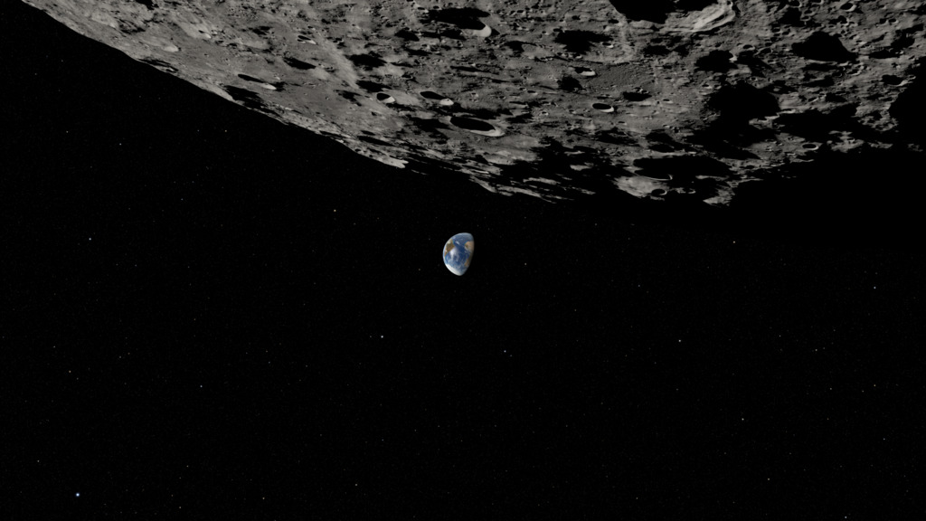 The virtual camera flies from the far side of the Moon, beneath the lunar South Pole, to the Earth's sunlit hemisphere.