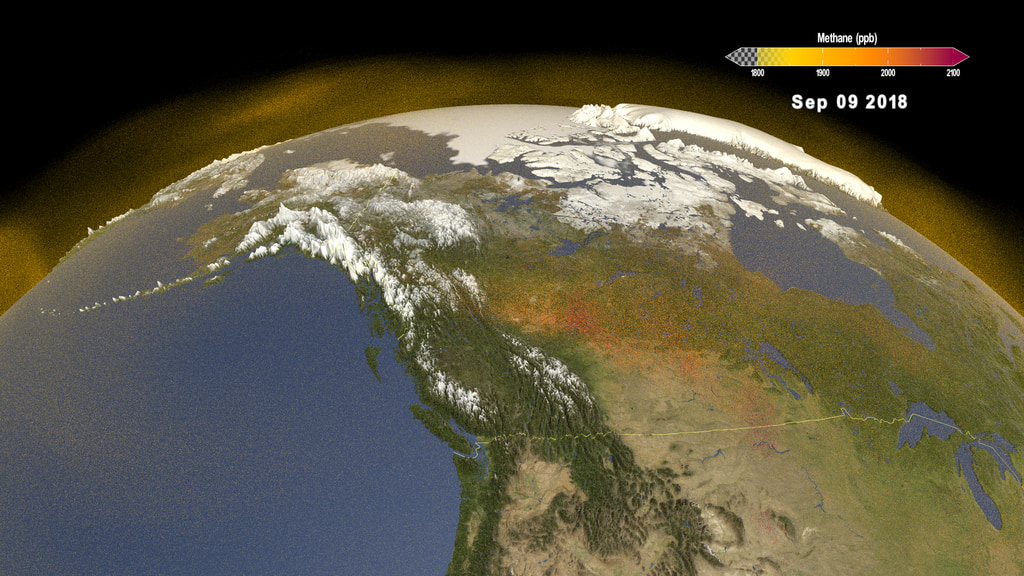 This 3D volumetric visualization shows the emission and transport of atmospheric methane over Canada and Alaska in September 2018 with the date and colorbar.