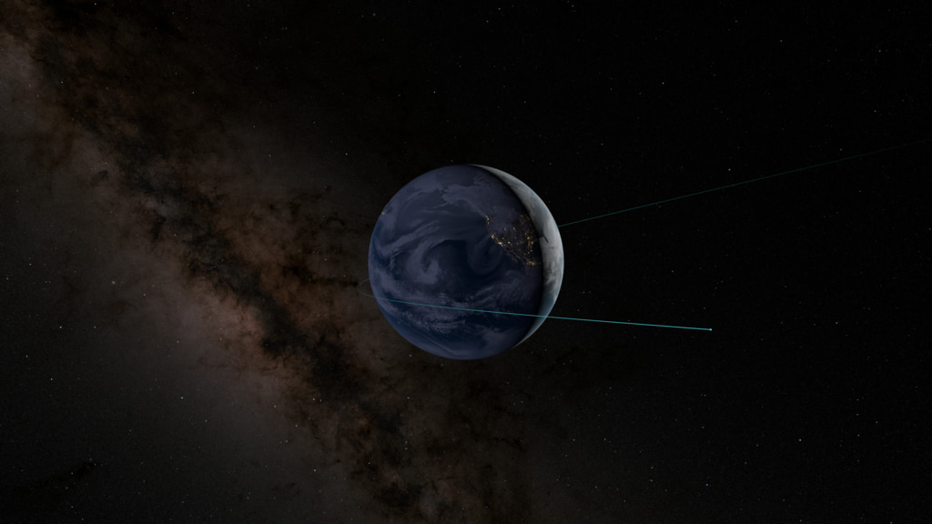 Ride-along view of Lucy’s first Earth gravity assist (EGA).  The camera follows Lucy as the spacecraft approaches the sunlit side of Earth before crossing into Earth’s shadow as it slingshots around the planet. 