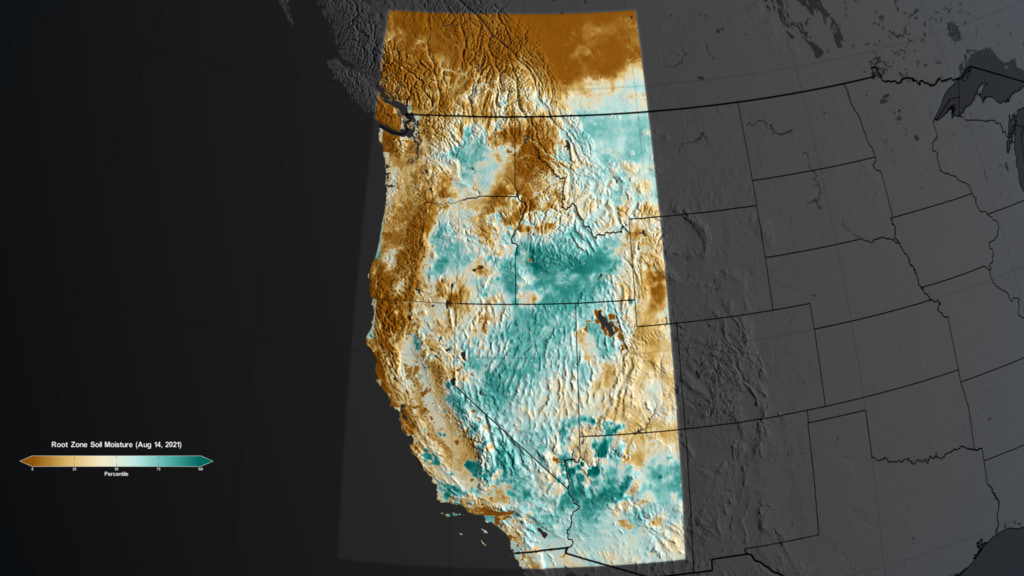 NASA’s Earth Information System (EIS) analysis captures the onset of drought and heightened fire conditions in mid-August 2021, with seasonal deficits of rainfall, exceptionally dry soils, onset of acute vegetation stress, and reduced plant growth.