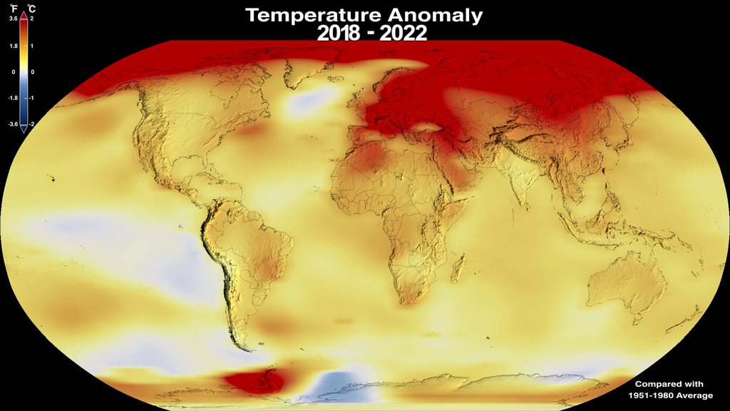 This color-coded map in Robinson projection displays a progression of changing global surface temperature anomalies. Normal temperatures are shown in white. Higher than normal temperatures are shown in red and lower than normal temperatures are shown in blue. Normal temperatures are calculated over the 30 year baseline period 1951-1980. The final frame represents the 5 year global temperature anomalies from 2018-2022. 