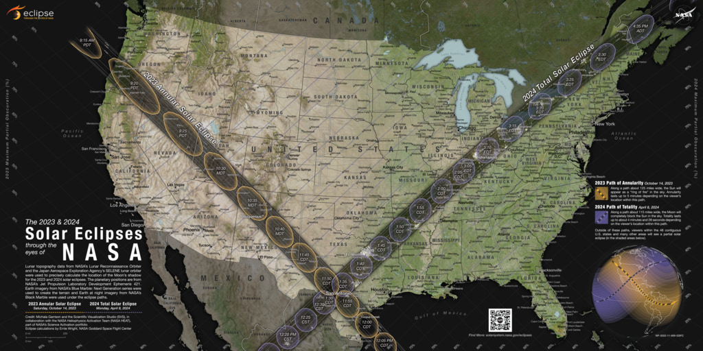 A map showing where the Moon’s shadow will cross the U.S. during the 2023 annular solar eclipse and 2024 total solar eclipse. Available at 5400 x 2700, 10,800 x 5400, and 22,500 x 11,250.