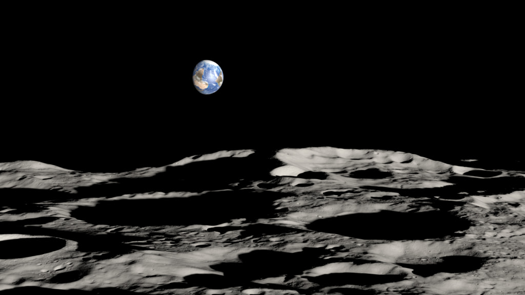 A view of the mountain with the Earth on the horizon. At the Moon's south pole, the south pole of the Earth is up.
