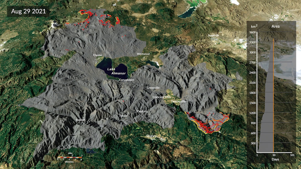 This visualization shows the spread of the Caldor and the Dixie fires in California during the summer of 2021, updated every 12 hours from a new fire detection and tracking approach based on near-real time active fire detections from the VIIRS sensor on the Suomi-NPP satellite.Complete transcript available.