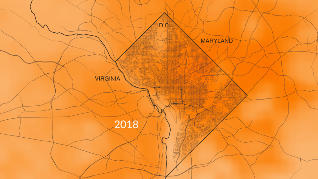 A data visualization of particulate matter 2.5 (PM2.5) data for the Washington DC region spanning 2000-2018 (annual averages). Higher values are represented with dark red and lower values are represented with bright yellow.  This view uses the hybrid PM 2.5 color bar with a range of 5 to 20. 
