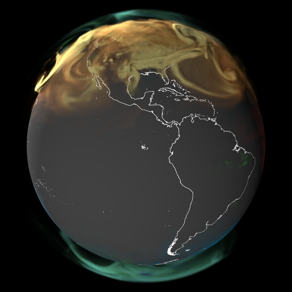 This visualization shows the CO2 being added to Earth's atmosphere over the course of the year 2021, split into four major contributors: fossil fuels in orange, burning biomass in red, land ecosystems in green, and the ocean in blue. The dots on the surface also show how atmospheric carbon dioxide is also being absorbed by land ecosystems in green and the ocean in blue. Though the land and oceans are each carbon sinks in a global sense, individual locations can be sources at different times. For example, in this view highlighting North America and South America, during the growing season plants absorb CO2 through photosynthesis, but release much of this carbon through respiration during winter months. Some interesting features include fossil fuel emissions from the northeastern urban corridor that extends from Washington D.C. to Boston in the United States. The fast oscillation over the Amazon rainforest shows the impact of plants absorbing carbon while the sun is shining and then releasing it during nighttime hours.