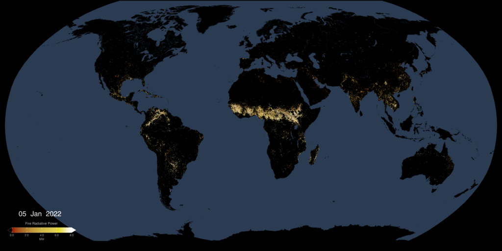 This animated visualization uses a moving five-day window of VIIRS measurments of fire radiative power (FRP), to present a view of fire intensities around the globe.