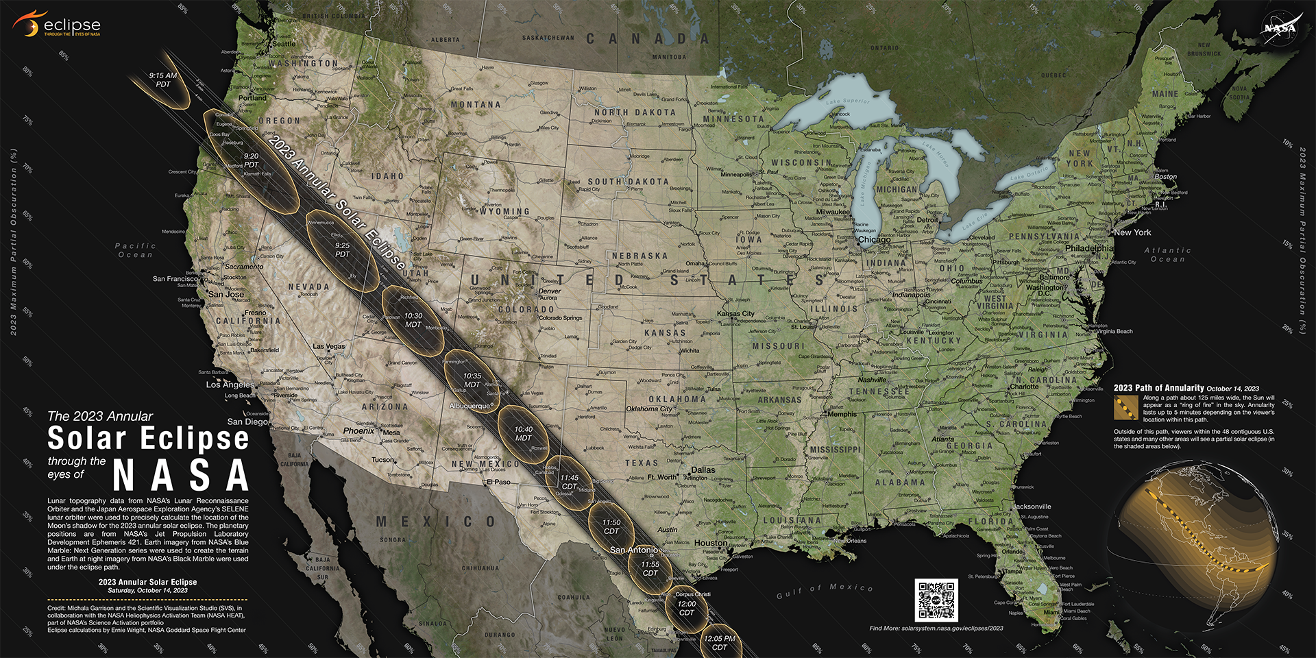 The path of annularity and partial contours crossing the U.S. for the 2023 annular solar eclipse occurring on October 14, 2023.