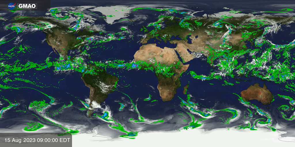 Precipitation and clouds are calculated using fields from NASA’s GEOS-FP system. GEOS-FP combines millions of weather observations with a predictive model to create a global best estimate of weather conditions, which can be used to estimate the formation of clouds along with rain and snowfall.