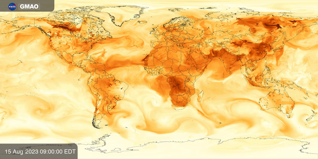 Near surface concentration of fine particular matter (PM2.5) estimated from NASA’s aerosol and weather fields produced by NASA’s GEOS-CF model.