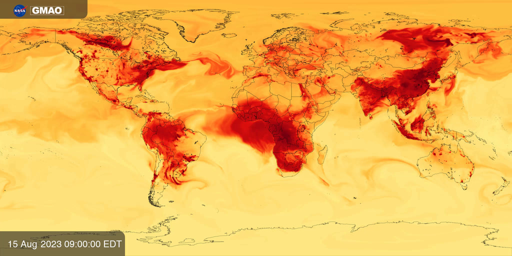 Near surface concentration of carbon monoxide (CO) estimated by NASA’s GEOS-CF model.