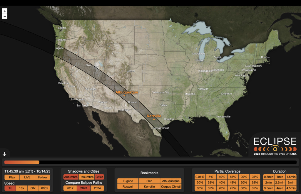 An embedded version of the 2023 Eclipse Explorer. The standalone version is available  at https://go.nasa.gov/EclipseExplorer.