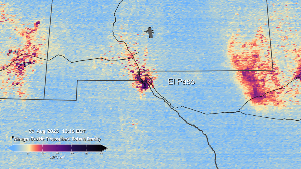 This visualization shows TEMPO nitrogen dioxide data over El Paso on August 31, 2023.   