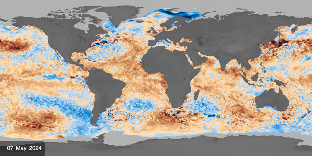 An equirectangular view of sea surface temperature (SST) anomaly data for the past two and half years, updated daily to include the latest available data.