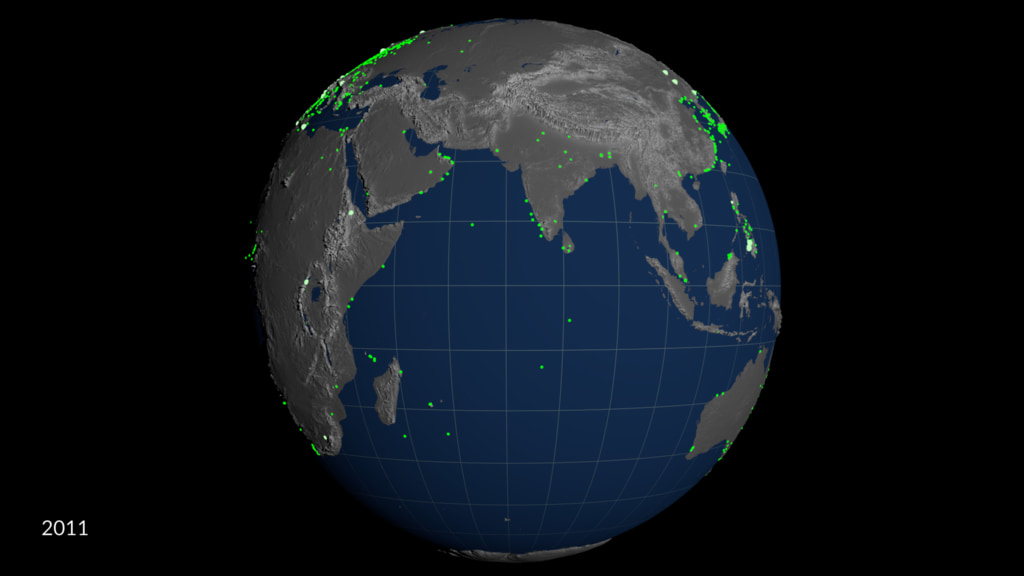 This data visualization shows 50 years of algal blooms collected across a spinning globe. Once all the data is accumulated, the globe then unwraps into a Robinson projection so the viewer can see the entire global dataset.