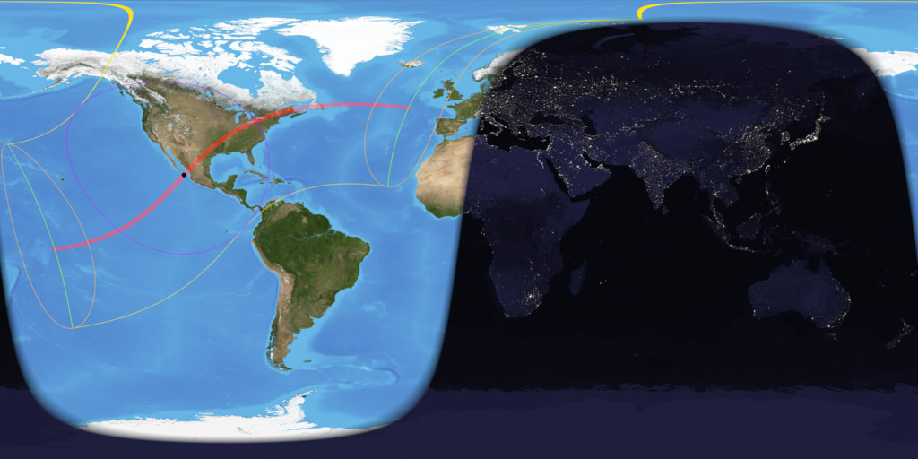 A map-like view of the Earth during the total solar eclipse of April 8, 2024, showing the umbra (small black oval), penumbra (purple outline), and the path of totality (red). This equirectangular projection is suitable for spherical displays and for spherical mapping in 3D animation software.