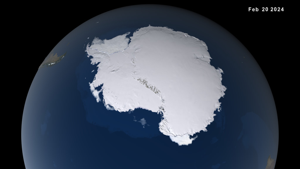 Animation of Antarctic sea ice maximum extent, September 10 2023, to its minimum, February 20 2024