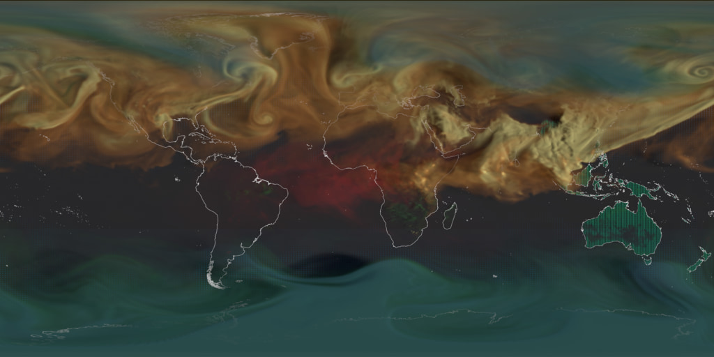 This visualization shows the CO2 being added to Earth's atmosphere over the course of the year 2021, split into four major contributors: fossil fuels in orange, burning biomass in red, land ecosystems in green, and the ocean in blue. The dots on the surface also show how atmospheric carbon dioxide is also being absorbed by land ecosystems in green and the ocean in blue. Though the land and oceans are each carbon sinks in a global sense, individual locations can be sources at different times.