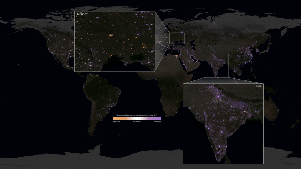 This global, flat map view of night lights data begins with a time series depicting annual averages from 2012 to 2023.  The lights then fade away to reveal night lights change between 2012 and 2023, with regions of more light depicted in purple and regions with less light depicted in orange.  The sequence then repeats with two pop-out, zoomed-in views of India and Ukraine. 