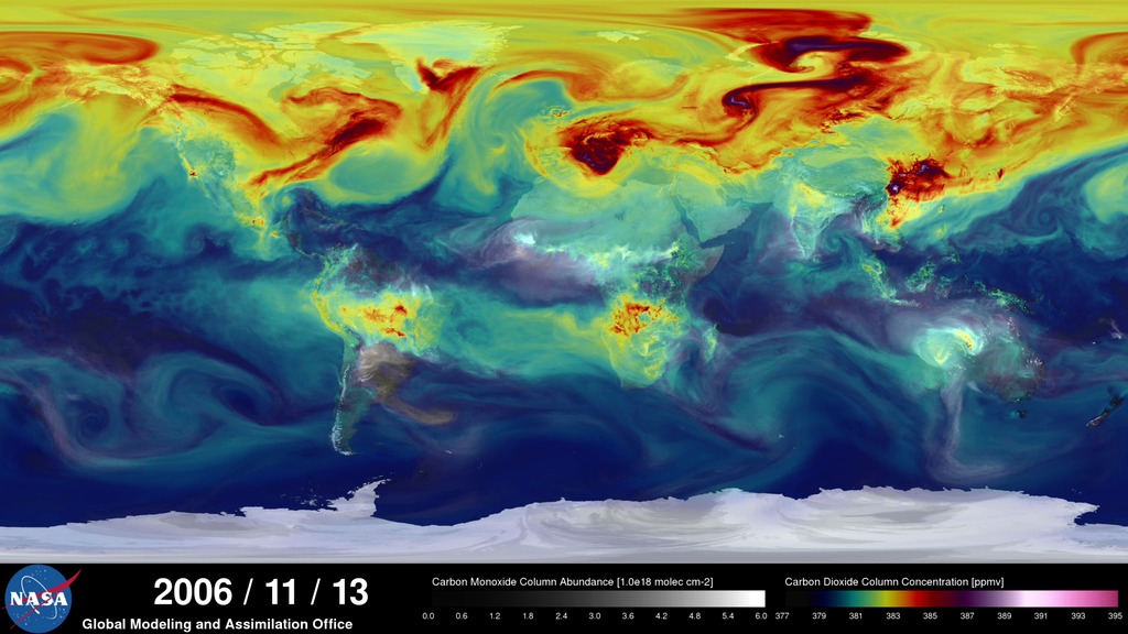 LEAD: NASA scientists have a new super HD view of how the carbon dioxide in the air moves around the world with the winds.1. Using an ultra-high-resolution computer model 64 times greater than typical climate models NASA tracks CO2. Each pixel grid size is four miles wide.2. During late summer forest fires in Africa produce plumes of CO2.3. During late autumn to winter the bright reds show the three major sources of fossil fuel burning: the eastern U.S., Europe and China. The winds blow much of the CO2 towards the North Pole.TAG: Ultra-high-resolution models such as this will help scientists better project future climate.