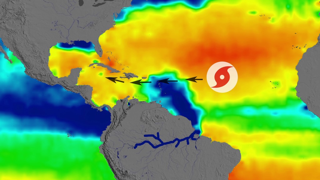 LEAD: Hurricane forecasters can now use ocean salinity to help them better predict hurricanes.1. NASA’s Aquarius satellite data shows how ocean salinity (saltiness) changes during the year. Bright orange indicates higher saltiness.2. Hurricane forecasters can now zero in on the huge floating plume of fresh water coming from the Amazon River, the world’s largest river. The thick plume acts as a potential hot plate to energize hurricanes.3. From 1960 to 2000, two-thirds of Category 5 hurricanes passed directly over the Amazon plume.TAG: The ability to map the Amazon plume more precisely with ocean salinity measurements from NASA’s Aquarius satellite will benefit hurricane forecasters.REFERENCESGrodsky, S., Reul, N., Lagerloef, G., et al. (2012). Haline hurricane wake in the Amazon/Orinoco plume.  Geophysical Research Letters, (39).Grodsky, S., et al (2014).  Year-to-Year Salinity Changes. Remote Sensing of Environment. (140).