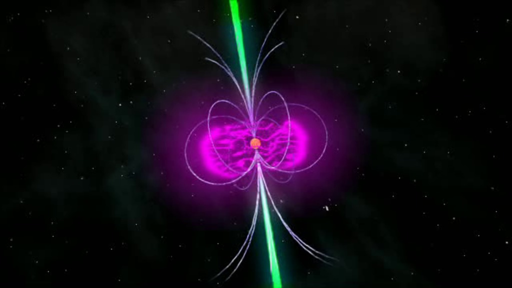 The pulsar's radio beams (green) never intersect Earth, but its pulsed gamma rays (magenta) do.