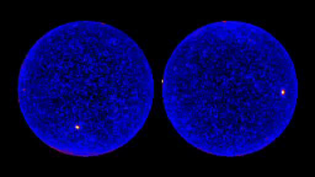 This all-sky movie shows Fermi LAT counts of gamma rays with energies greater than 300 million electron volts from August 4 to October 30, 2008. Brighter colors indicate brighter gamma-ray sources. The circles show the northern (left) and southern galactic sky. Their edges lie along the plane of our galaxy, the Milky Way.
