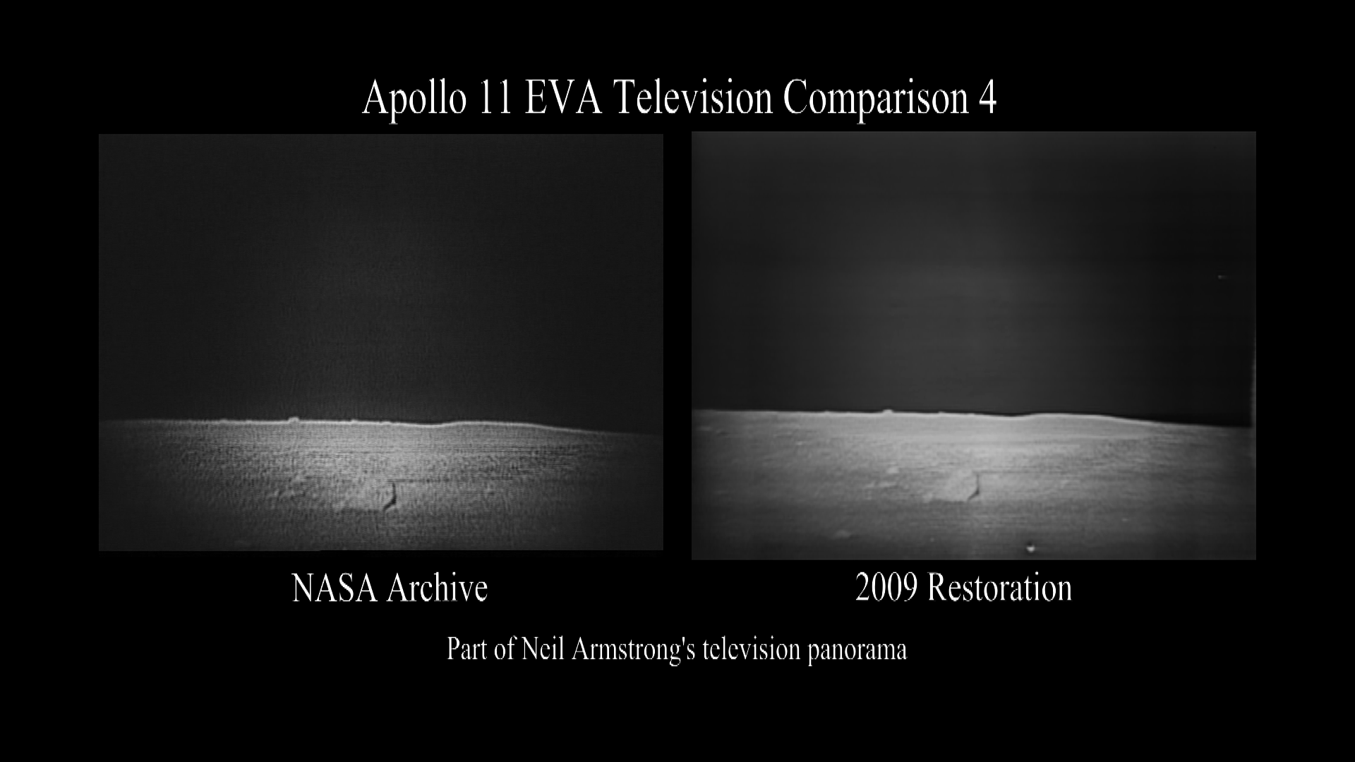 A side by side comparison of the original broadcast video and partially restored video of Neil Armstrong's television panorama.