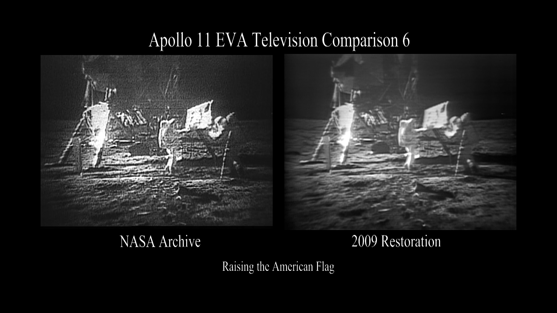 A side by side comparison of the original broadcast video and partially restored video of Raising the American Flag.