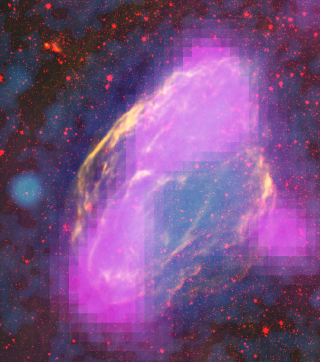 Fermi mapped GeV-gamma-ray emission regions (magenta) in the W44 supernova remnant. The features clearly align with filaments detectable in other wavelengths. This composite merges X-rays (blue) from the Germany-led ROSAT mission, infrared (red) from NASA's Spitzer Space Telescope, and radio (orange) from the Very Large Array near Socorro, N.M.For the 42MB Photoshop file click here.Credit: NASA/DOE/Fermi LAT Collaboration, CXC/SAO/JPL-Caltech/Steward/O. Krause et al., and NRAO/AUI