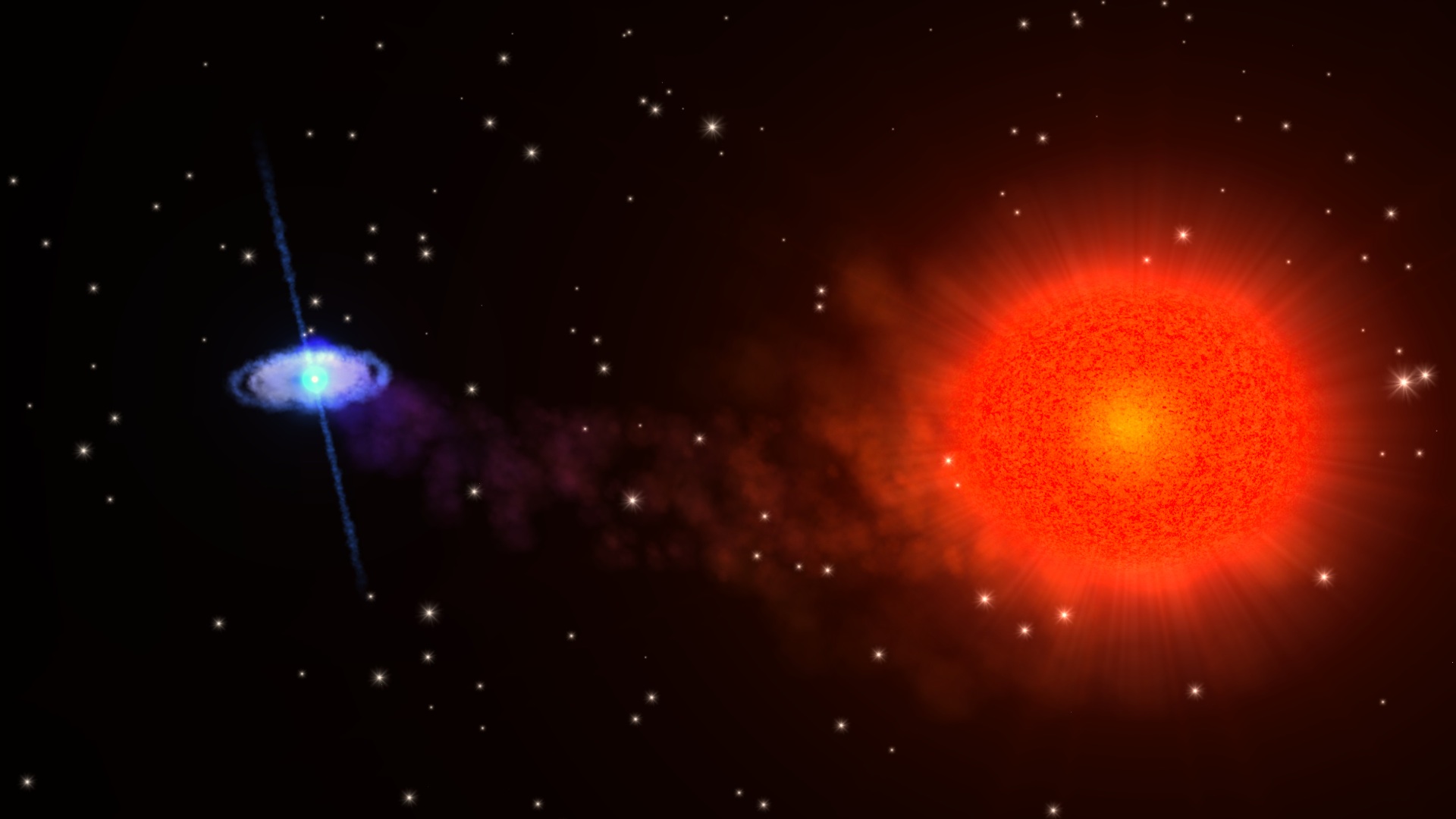 Animation depicting the binary star system.  When viewed from its orbital plane, the red giant eclipses the pulsar.