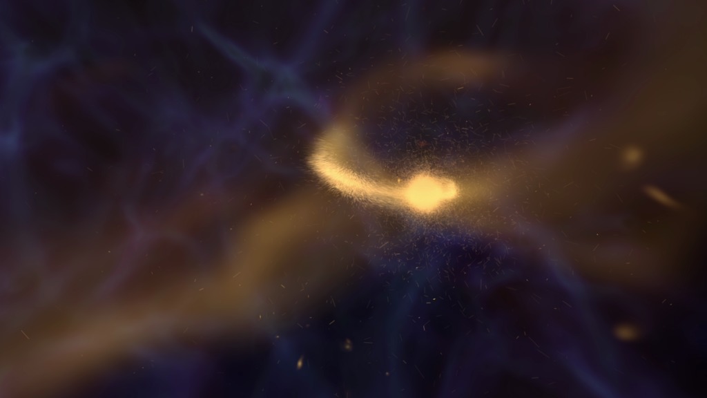 JWST Science Simulations: Galaxy Evolution wideshot.  This visualization shows small galaxies forming, interacting, and merging to form Milky Way-type galaxies with spiral arms.  