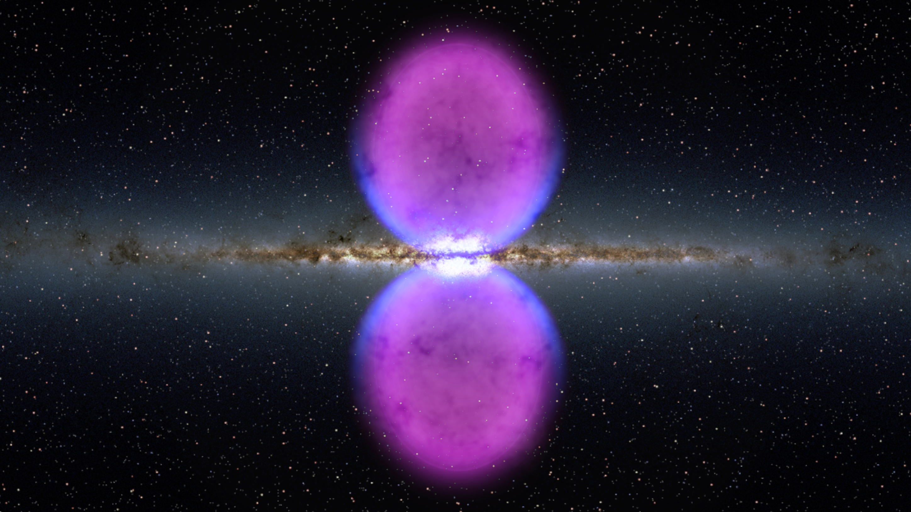 From end to end, the gamma-ray bubbles extend 50,000 light-years, or roughly half of the Milky Way's diameter, as shown in this illustration. The bubbles stretch across 100 degrees, spanning the sky from the constellation Virgo to the constellation Grus. If the structure were rotated into the galaxy's plane, it would extend beyond our solar system. Hints of the bubbles' edges were first observed in X-rays (blue) by ROSAT (Röntgen Satellite), a Germany-led mission operating in the 1990s. The gamma rays mapped by Fermi (magenta) extend much farther from the galaxy's plane. No Labels.