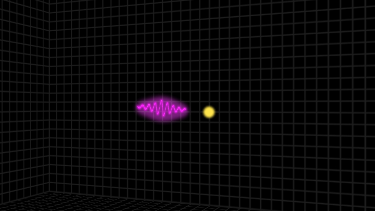 Inverse Compton scattering animation.  An electron travelling at close the speed of light has a head-on collision with a lower-energy photon (from microwave to ultraviolet).  The photon picks up energy from the electron and becomes a gamma ray.