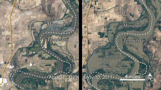 Satellite imagery of the 2011 flooding along the Mississippi River compared with imagery from 2010.  Shows high resolution images from Landsat 5 of Cairo, Illinois, and Memphis, Tennessee.   To prevent flooding in Cairo, Illinois, the US Army Corps of Engineers blasted a two-mile hole in the levee to let the waters flow into the New Madrid Floodway.  Near Memphis Tennessee, flood waters crested at 48 feet, only inches below the record high level of the 1937 floods.  No narration, just music.
