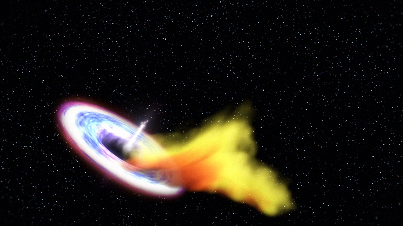 On March 28, 2011, NASA's Swift detected intense X-ray flares thought to be caused by a black hole devouring a star. In one model, illustrated here, a sun-like star on an eccentric orbit plunges too close to its galaxy's central black hole. About half of the star's mass feeds an accretion disk around the black hole, which in turn powers a particle jet that beams radiation toward Earth. Credit: NASA/Goddard Space Flight Center/CI Lab