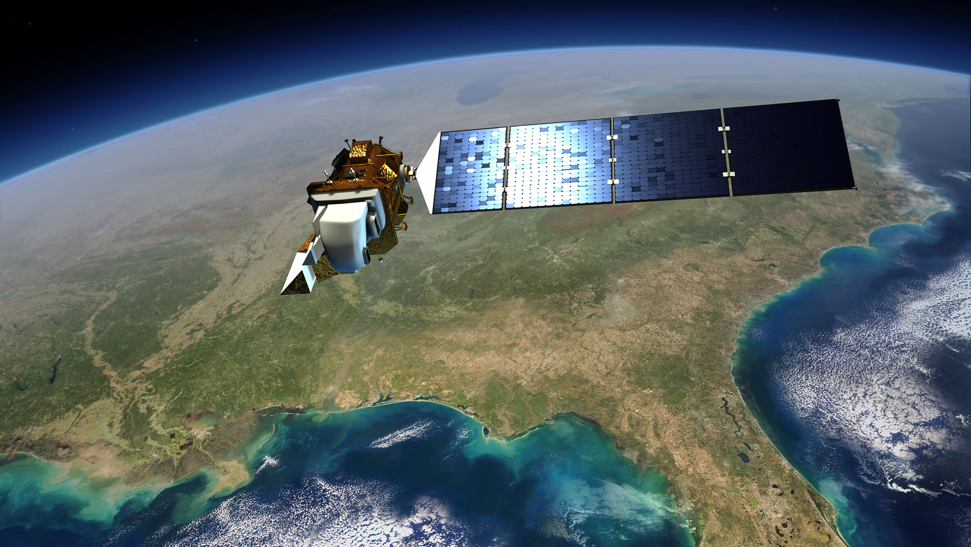 An artist's conception of the Landsat Data Continuity Mission (LDCM), the eigth satellite in the long-running Landsat program, flying over the US Gulf Coast.