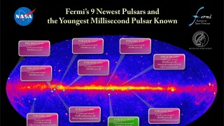 This plot shows the positions of nine new pulsars (magenta) discovered by Fermi and of an unusual millisecond pulsar (green) that Fermi data reveal to be the youngest such object known. With this new batch of discoveries, Fermi has detected more than 100 pulsars in gamma rays.   Credit: Credit: AEI and NASA/DOE/Fermi LAT Collaboration