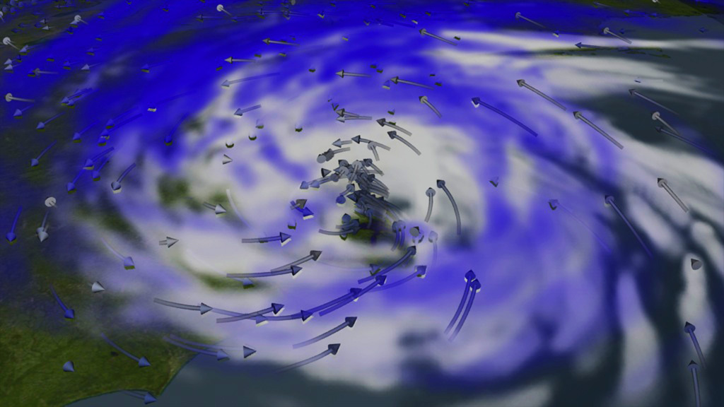 A computer simulation exposes the turbulent anatomy of a Category 2 hurricane.