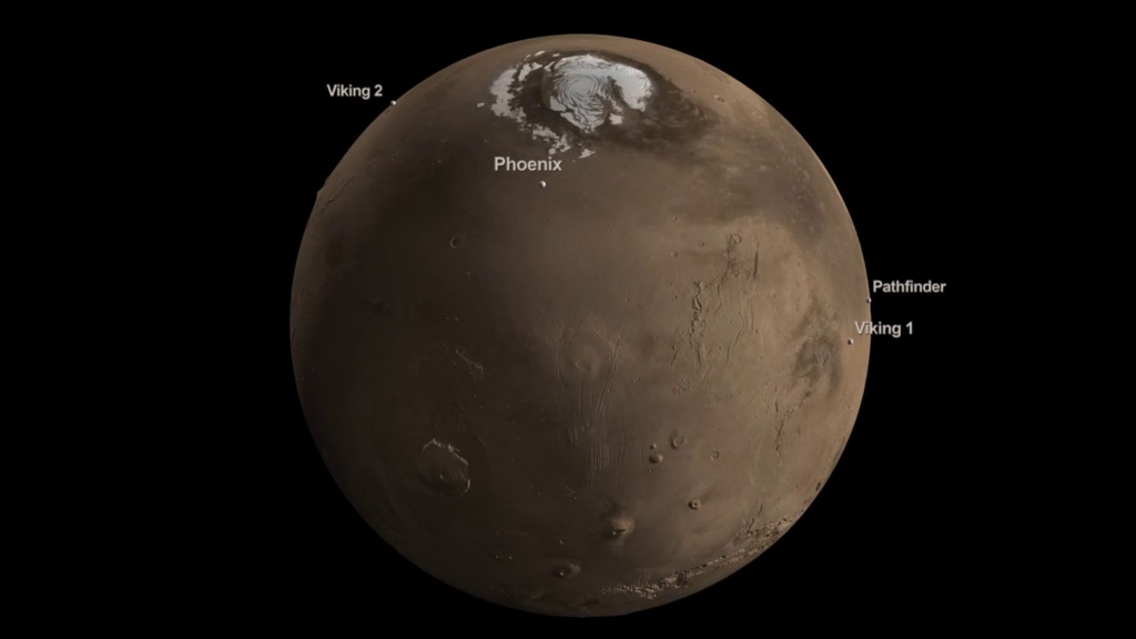 The landing site of Viking 1, Viking 2, Pathfinder, Spirit, Opportunity, Phoenix&mdash;and the target location of Curiosity&mdash;is marked on this rotating globe of Mars.