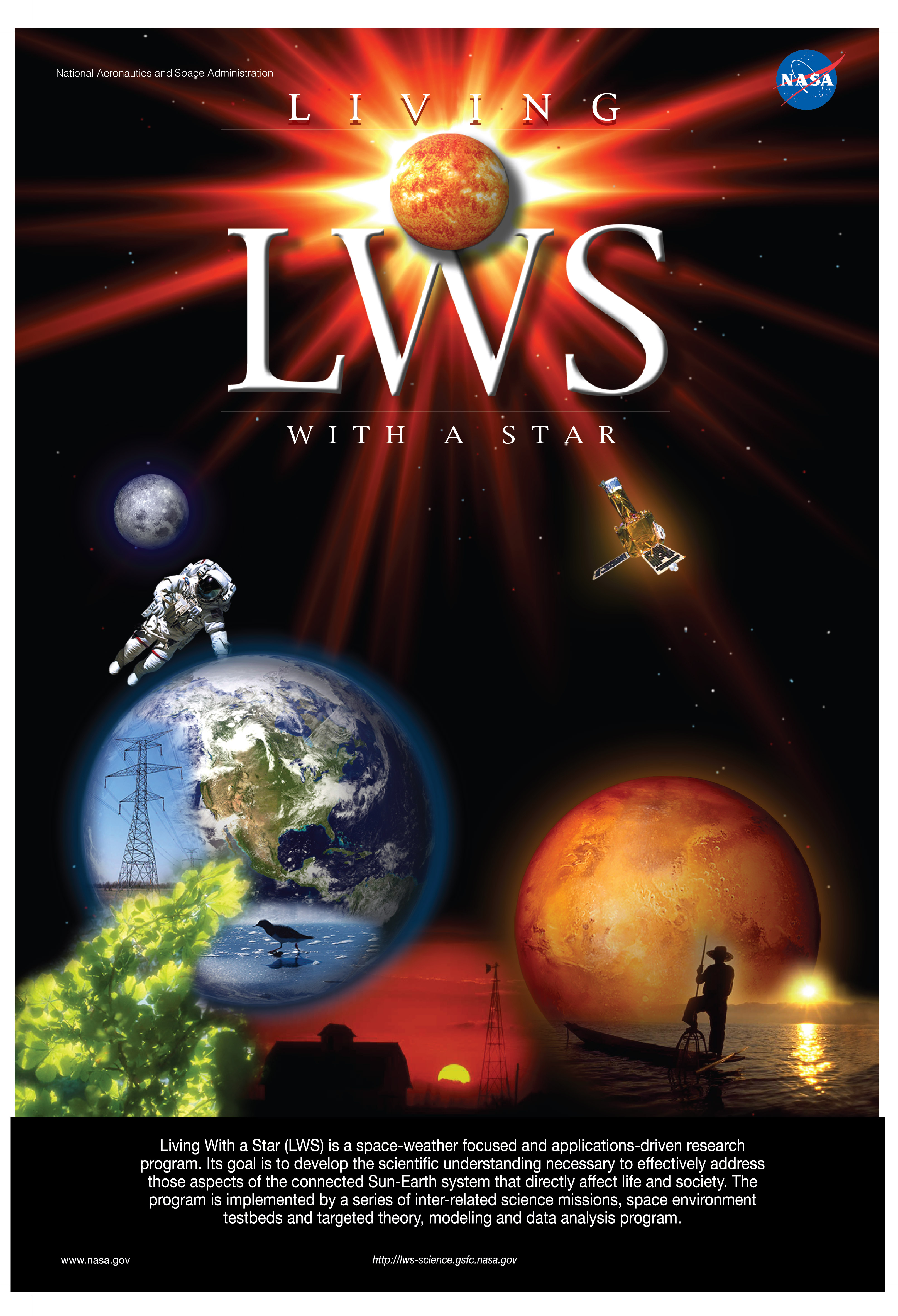 NASA's Living With a Star (LWS) program is a space-weather focused and applications driven research program. Its goal is to develop the scientific understanding necessary to effectively address those aspects of the connected sun-Earth system that directly affect life and society.  The program is implemented by a series of inter-related science missions, space environment testbeds, and a targeted theory, modeling, and data analysis program.  The Van Allen Probes are the second mission in the LWS program.  Credit: NASA