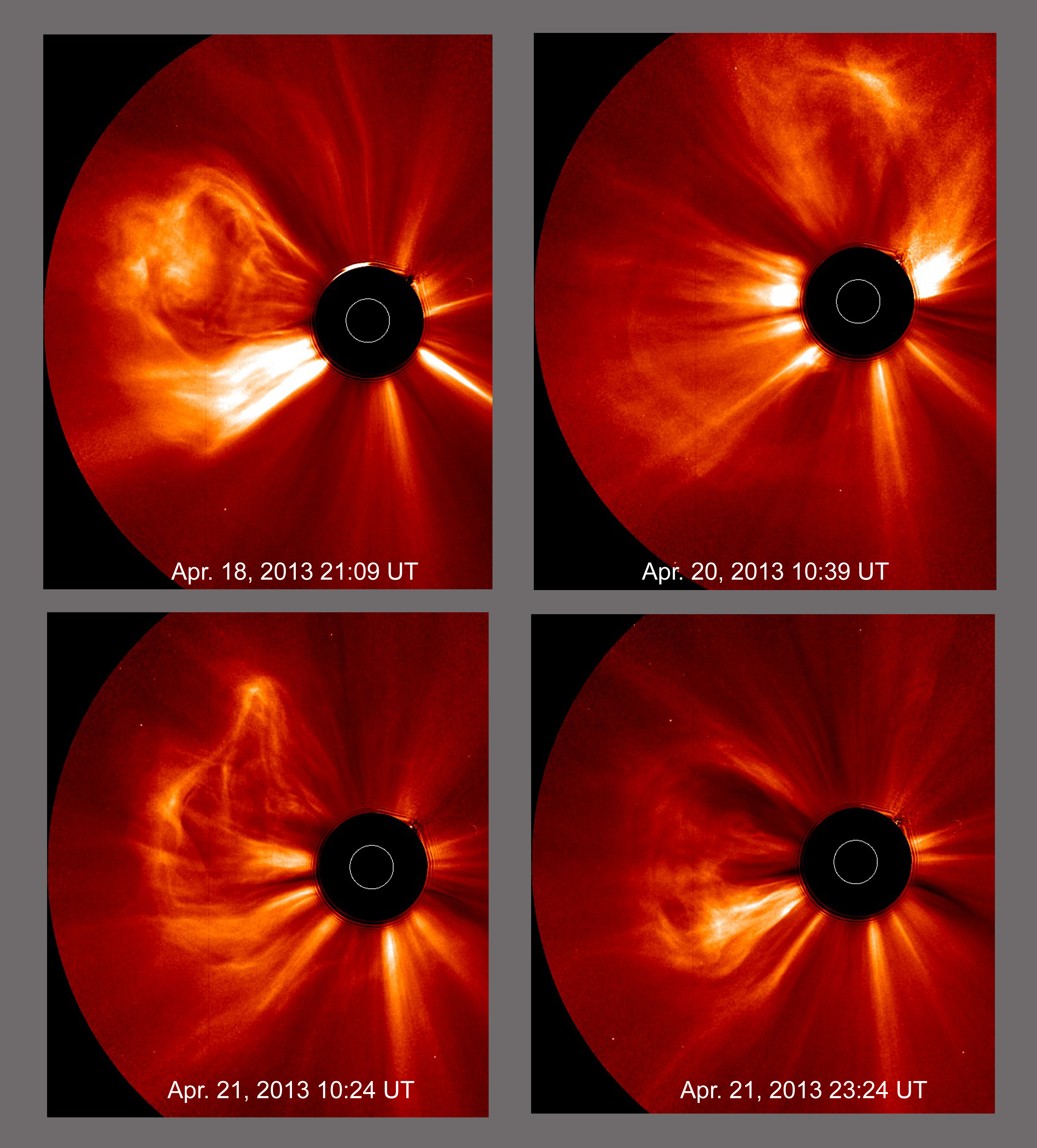 Coronal mass ejections were popping out from the Sun at a pace of two per day on average (Apr. 18-23, 2013). We counted ten CMEs for the five days, but some of the eruptions were complex and difficult to differentiate from one another. Almost all of them blew particles out to the left, most of them probably originating from the same active region. These were taken by the STEREO (Ahead) spacecraft's coronagraph, in which the black disk blocks the Sun (represented by the white circle) so that we can observe the fainter features beyond it. Credit: NASA/STEREO
