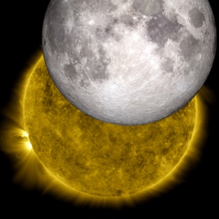 This image is a view of the sun captured by NASA’s Solar Dynamics Observatory on Oct. 7, 2010, while partially obscured by the moon. A close look at the crisp horizon of the moon against the sun shows the outline of lunar mountains. A model of the moon from NASA’s Lunar Reconnaissance Orbiter has been inserted into the picture, showing how perfectly the moon's true topology fits into the shadow observed by SDO. Credit: NASA/SDO/LRO/GSFC