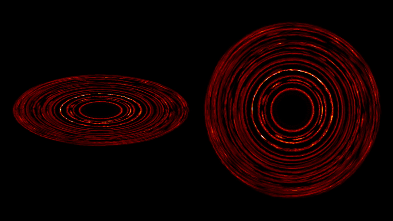 Watch the changing dust density and the growth of structure in this simulated debris disk. Dust quickly collects into clumps and then forms arcs and rings, structures similar to what astronomers observe in actual debris disks. As the dust heats the gas, the gas pressure increases and changes the drag force experienced by the dust. This essentially herds the dust into clumps that grow into larger patterns. The panel at left shows the disk from an angle of 24 degrees; at right, the disk is face-on. Lighter colors indicate higher dust density. For clarity, the animation does not show light from the central star. The disk extends about 100 times the average distance between Earth and the sun (100 AU, or 9.3 billion miles), which is comparable to the outer edge of our solar system’s Kuiper Belt.Credit: NASA Goddard/W. Lyra (JPL-Caltech), M. Kuchner (Goddard)Watch this video on the NASAexplorer YouTube channel.