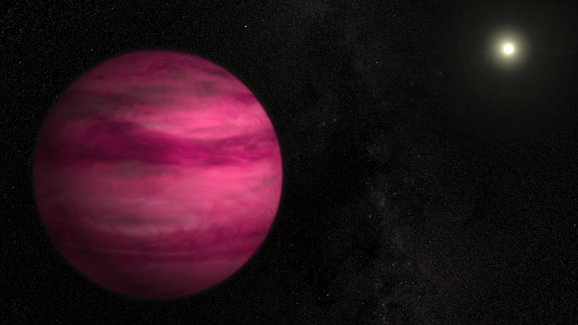 Glowing a dark magenta, the newly discovered exoplanet GJ 504b weighs in with about four times Jupiter's mass, making it the lowest-mass planet ever directly imaged around a star like the sun. Artist's rendering.Credit: NASA's Goddard Space Flight Center/S. Wiessinger