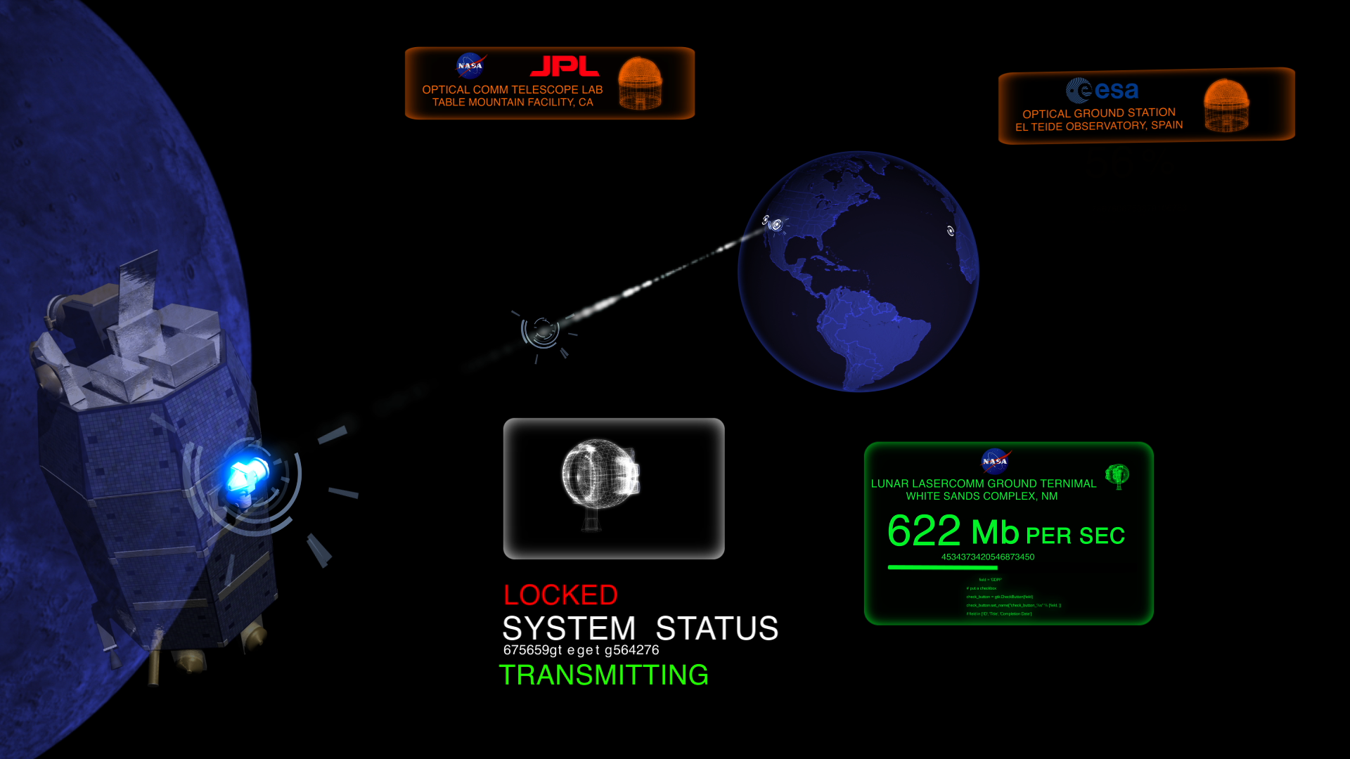 To begin data transmission, the space and ground terminals must first locate each other.  This process begins when the ground terminal scans LADEE’s path to illuminate the spacecraft.
