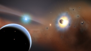 This artist's concept illustrates the preferred model for explaining ALMA observations of Beta Pictoris. At the outer fringes of the system, the gravitational influence of a hypothetical giant planet (bottom left) captures comets into a dense, massive swarm (right) where frequent collisions occur. The one planet known in the system, Beta Pictoris b, is shown near the star.Credit: NASA's Goddard Space Flight Center/F. Reddy